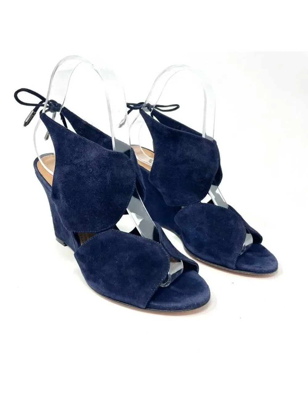 * Aquazzura Iman Blue Suede Cutout Wedge Sandals Size 37.5